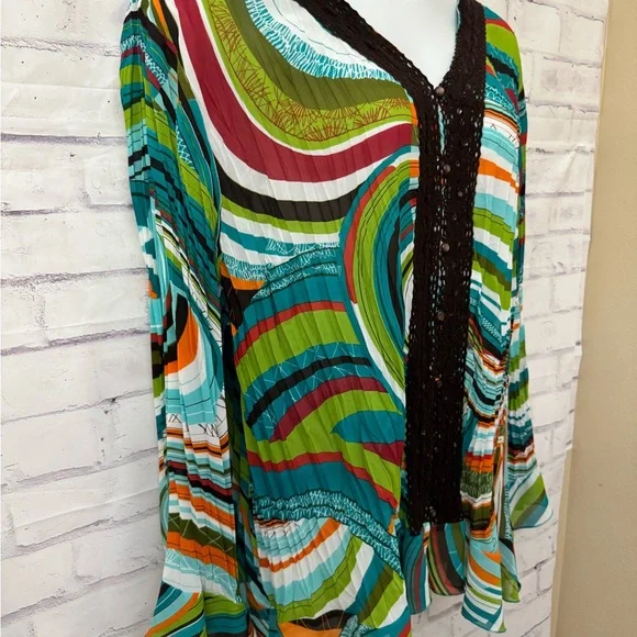 Maggie Barnes Plus 4X 30/32W Chiffon Striped Lace Sequin Peplum Blouse Pleats - Picture 2 of 8